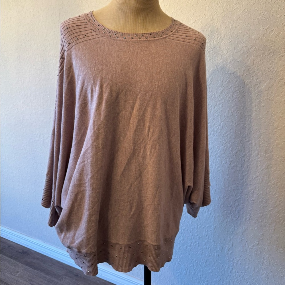 liquid Pink Knit Sweater Batwings style 3/4 sleeve Studded Details XL